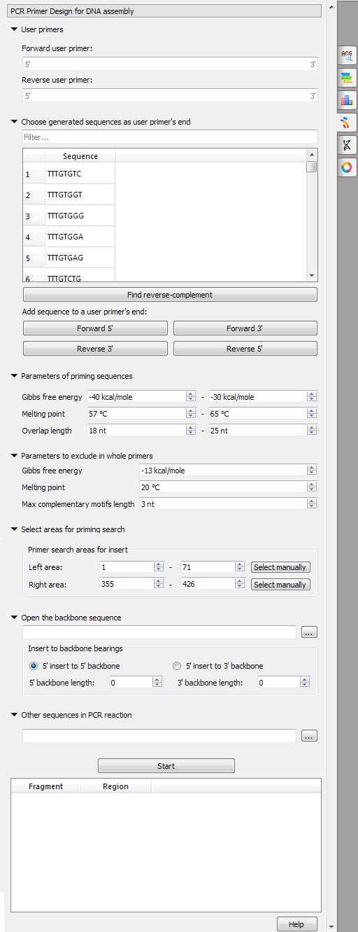 The PCR Primer Design for DNA Assembly tab. Click on the picture to scale.